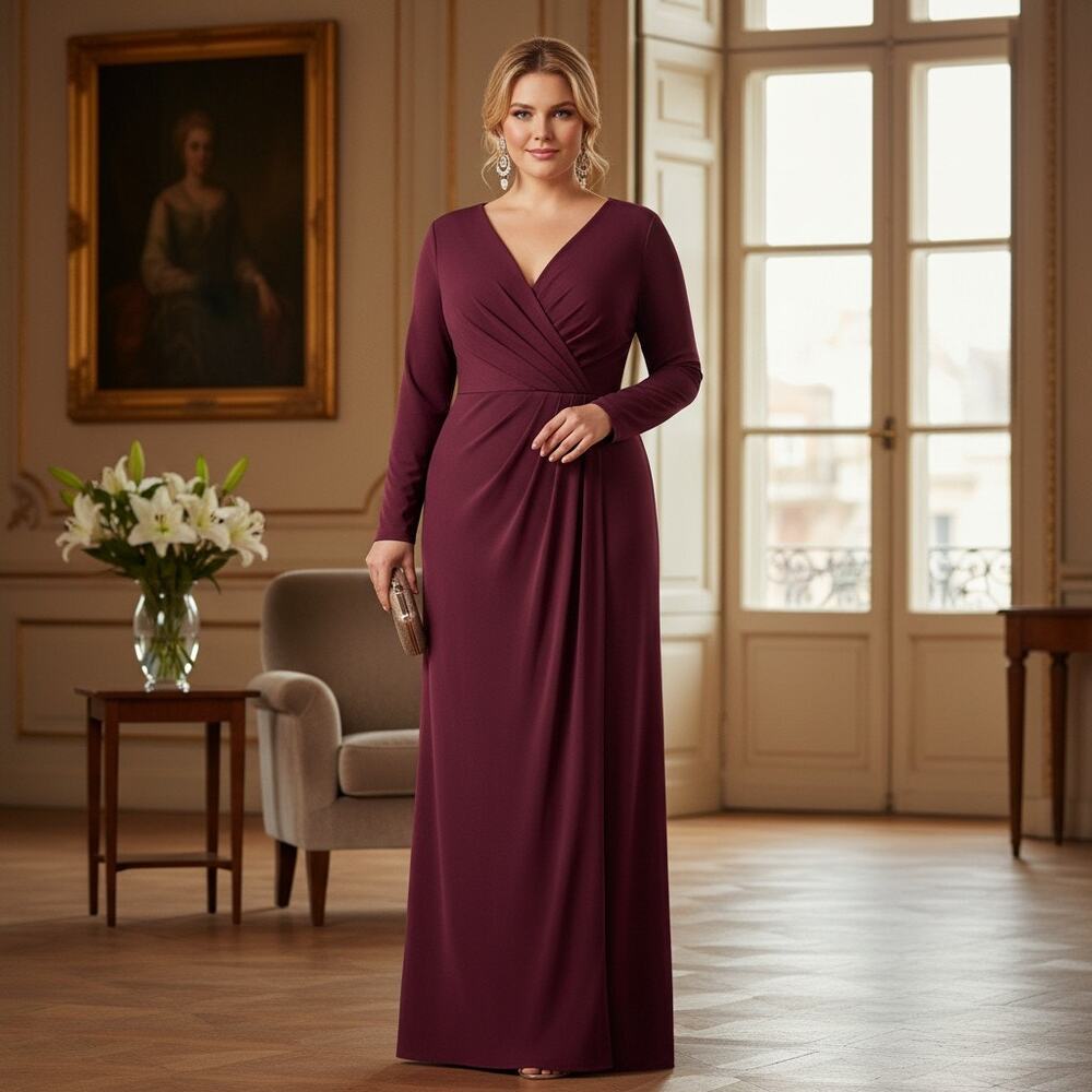 Betsy & Adam Burgundy Long‑Sleeve Maxi Gown – Size 14W, NWT, Made in USA